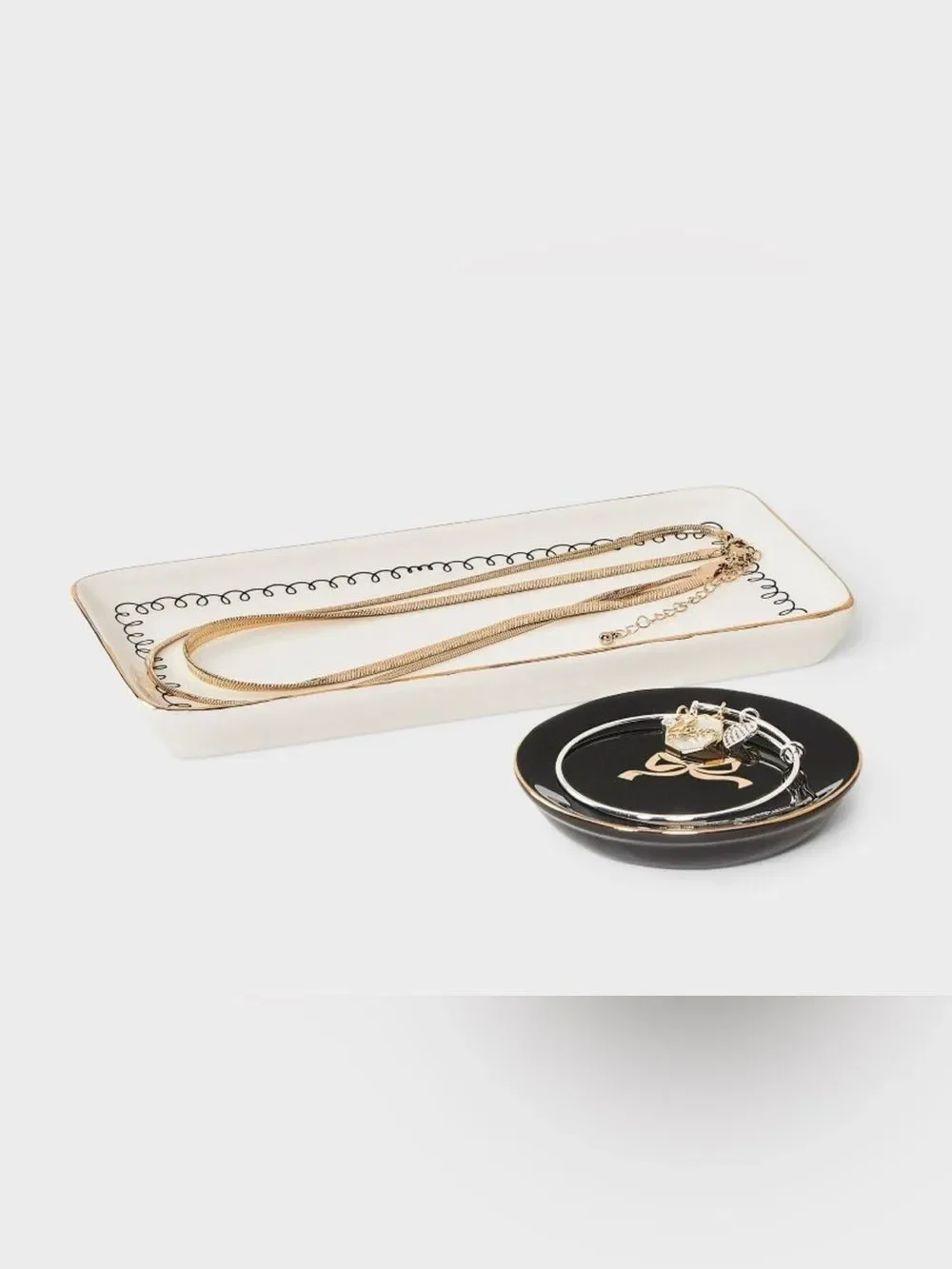 a new day White Black Gold Bow Print 2 pc Trinket Dish Trays